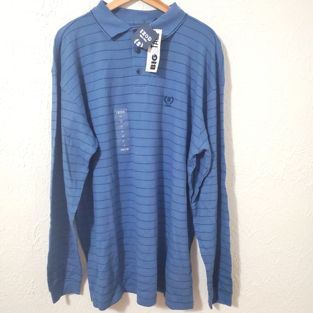 IZOD 100% Cotton Long Sleeve Men's Polo Blue Stripe LT *New with Tags*